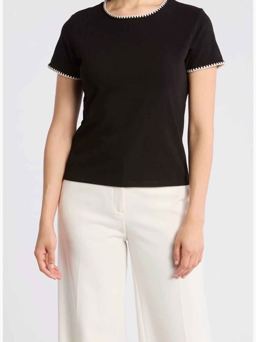 T Tahari Black Short-Sleeve Top with White Trim